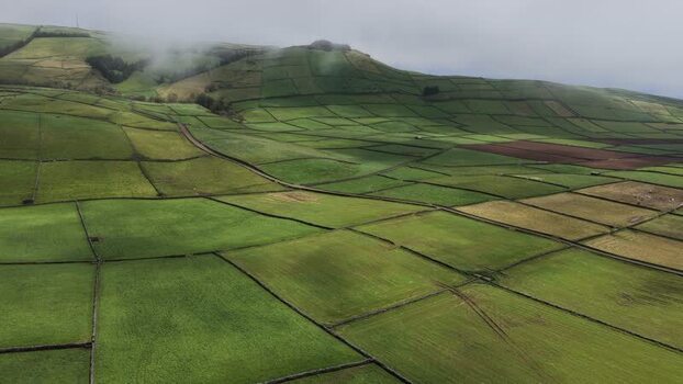 Aerial view of Terceira Island patchwork fields Portugal.