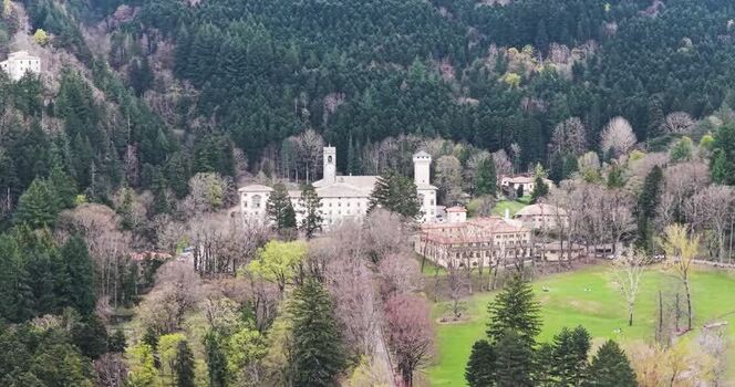 Aerial view of the historic Vallombrosa Abbey in dense forests Italy. Aerial view of the historic Vallombrosa Abbey in dense forests Italy.