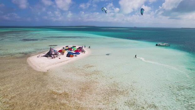 Aerial view of kite surfers at Los Roques archipelago Venezuela.