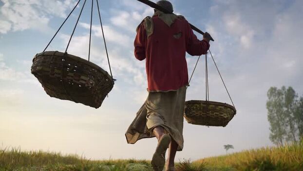 View of a man carrying baskets on a yoke Bangladesh. View of a man carrying baskets on a yoke Bangladesh.