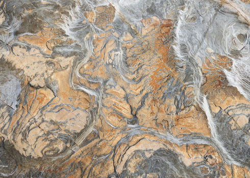 View of the intricate geological patterns and swirling textures of the sandstone cliffs at Calafuria Toscana Italy.