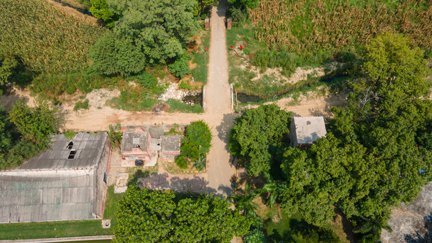 Lahore Pakistan 08 September 2026 Aerial view of a rural landscape featuring a dirt road small buildings lush green trees and surrounding agricultural fields.