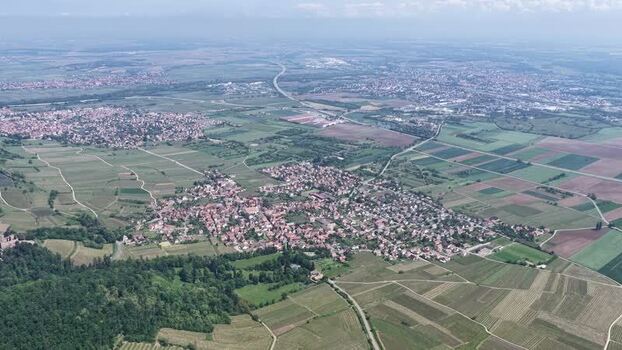 Aerial view of the town of Selestat and surrounding fields France.