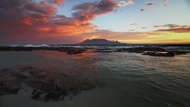 View of Table Mountain at sunset South Africa.
