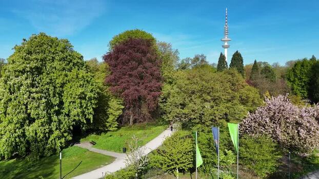 Aerial view of Planten un Blomen park and the TV tower in Hamburg Germany.