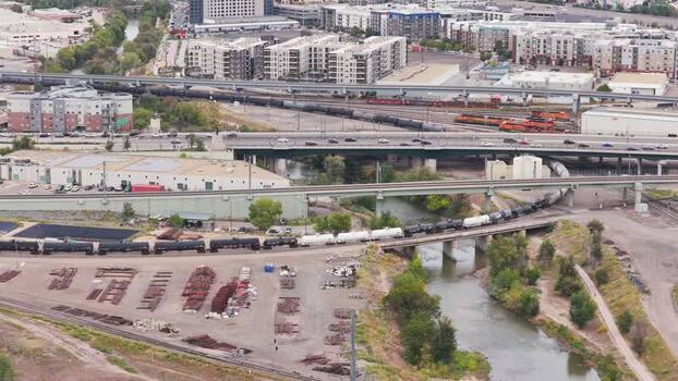 Aerial view of freight trains in Denver United States.