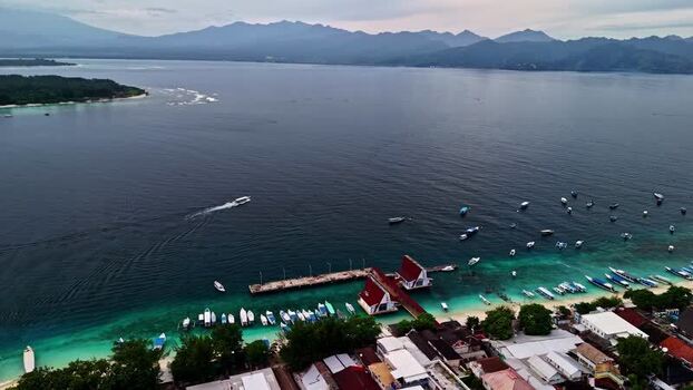Aerial view of coastal jetty and boats in Bali Indonesia.