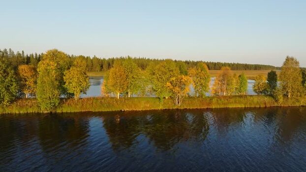 Aerial view of autumn trees along a river in Finland. Aerial view of autumn trees along a river in Finland.