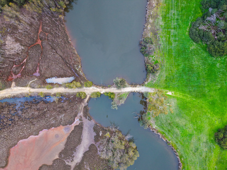 Aerial view of Point Fraser featuring a dirt path crossing between marshy wetlands and lush green parkland along the Swan River in East Perth Western Australia Australia.