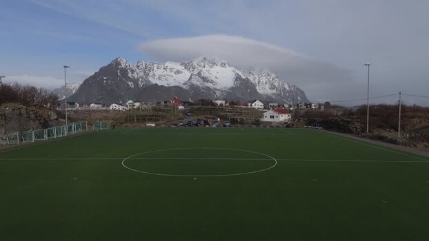 Aerial view of soccer field in Lofoten Norway.
