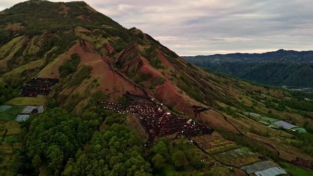 Aerial view of volcanic mountainside in Bali Indonesia.