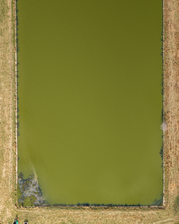 Aerial view of a rectangular wastewater treatment pond with green water and concrete edges in a rural landscape Pretoria Gauteng South Africa.