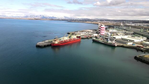 Aerial view of the port with cargo ships and industrial facilities Iceland.
