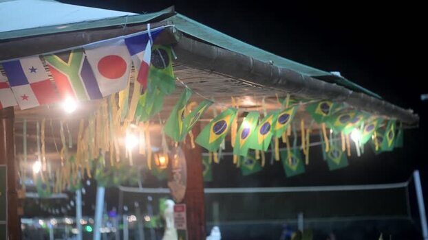 View of flags at a beach kiosk on Copacabana Beach Brazil.