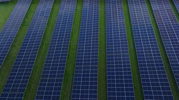 Aerial view of solar panels in a solar farm Ireland.