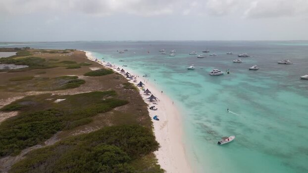 Aerial view of Los Roques archipelago and turquoise waters Venezuela.