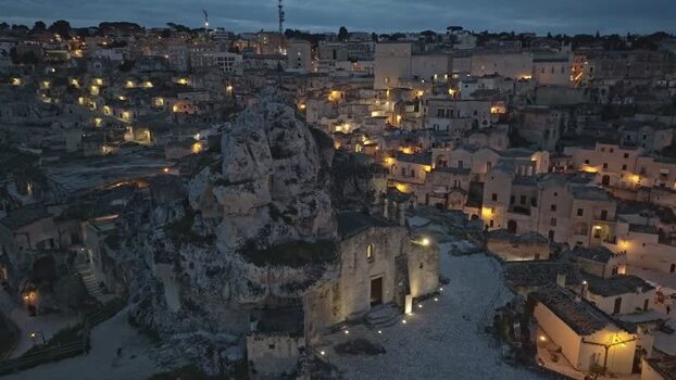 Aerial view of the Sassi di Matera at night Italy.