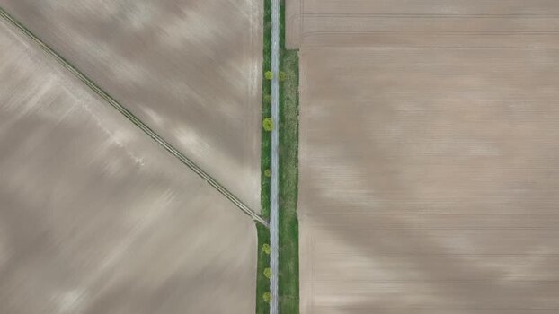 Aerial view of fields and road France.