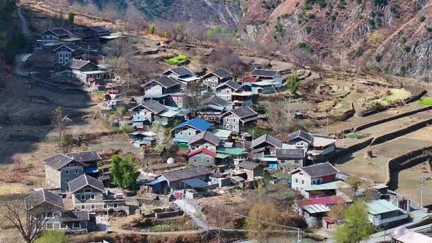 Aerial view of houses on hillside China.