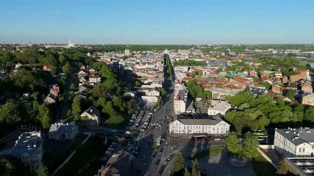 Aerial view of the city center and urban streets in Kaunas Lithuania.