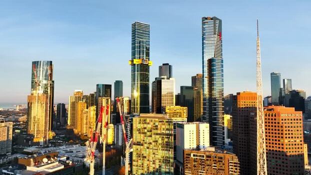Aerial view of Melbourne skyline at sunset Australia.