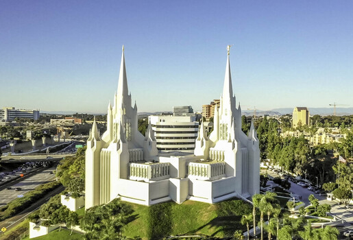 Aerial view of the San Diego Temple of The Church of Jesus Christ of Latter day Saints with its white spires and green landscaping in San Diego CA United States. Aerial view of the San Diego Temple of The Church of Jesus Christ of Latter day Saints with its white spires and green landscaping in San Diego CA United States.