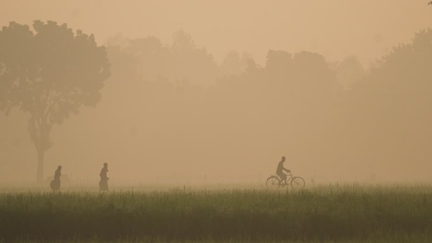 View of people in a misty field in Bogura Bangladesh. View of people in a misty field in Bogura Bangladesh.
