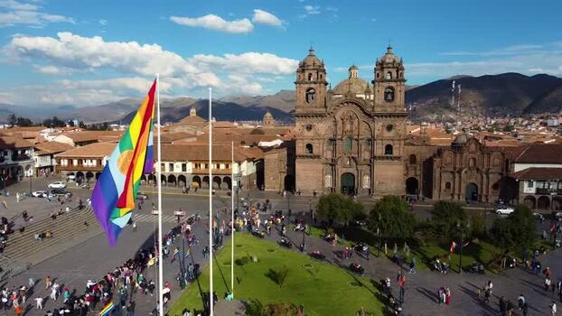 Aerial view of Cusco Cathedral and Plaza de Armas Peru.