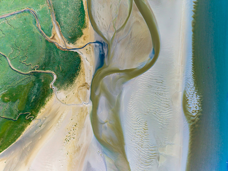Aerial view of the Baie de Somme showing intricate tidal channels lush green salt marshes and rippled sandbanks along the coastline in Saint Valery sur Somme Hauts de France France. Aerial view of the Baie de Somme showing intricate tidal channels lush green salt marshes and rippled sandbanks along the coastline in Saint Valery sur Somme Hauts de France France.