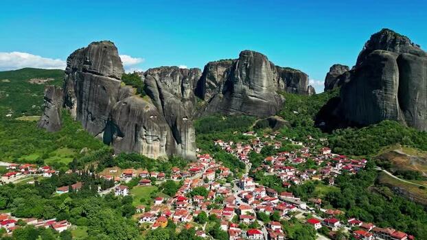 Aerial view of Meteora rock formations and village in Greece.