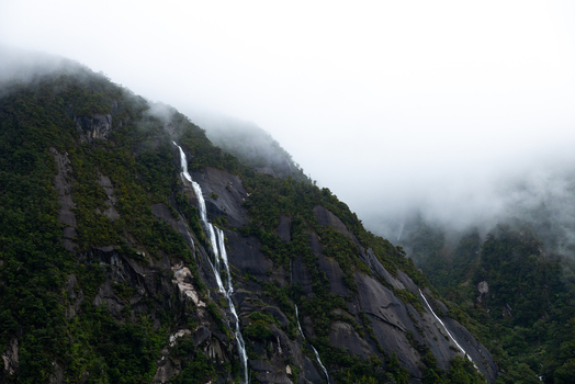 View of the cascading waterfalls slicing through the dark textured cliffs shrouded in ethereal mist painting a dramatic landscape Milford Sound Southland Region New Zealand.