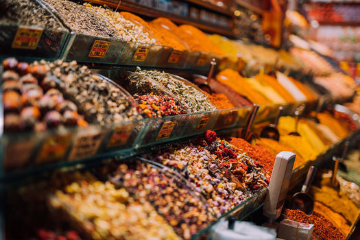 Istanbul Turkiye 05 October 2019 View of vibrant spices creating a textural tapestry of colors and aromas at the Spice Bazaar.