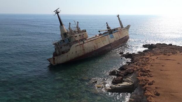 Aerial view of Edro III shipwreck off the coast of Cyprus.