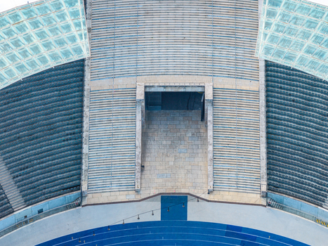 Berlin Germany 26 September 2026 Aerial view of the Olympiastadion Berlin showing the symmetrical stadium seating the stone entrance tunnel and the blue running track.