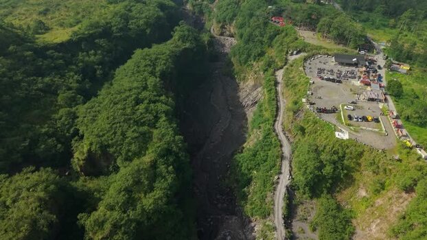 Aerial view of Tambang Pasir Merapi Kali Gendol Sand Mine Indonesia.