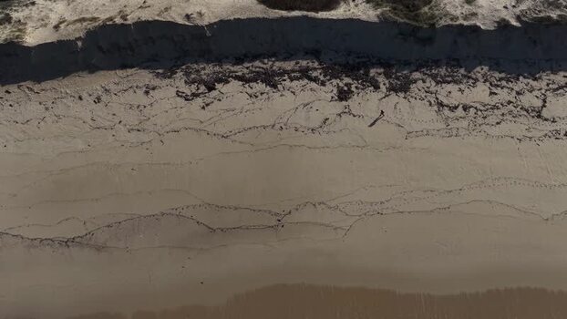 Aerial view of hiker walking on the beachin the coastline of Portugal.