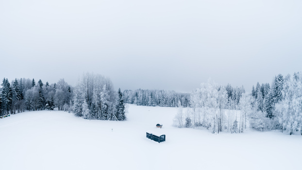 Aerial view of a small dark cabin nestled in a vast snow covered landscape surrounded by frost covered pine and birch trees in Latvia. Aerial view of a small dark cabin nestled in a vast snow covered landscape surrounded by frost covered pine and birch trees in Latvia.