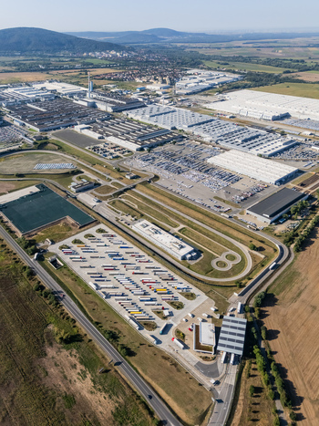 Aerial view of the Volkswagen plant near Devinska Nova Ves featuring industrial buildings parking lots and test tracks in Bratislava Bratislavsky kraj Slovakia. Aerial view of the Volkswagen plant near Devinska Nova Ves featuring industrial buildings parking lots and test tracks in Bratislava Bratislavsky kraj Slovakia.