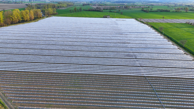 Aerial view of polytunnel fruit growing in the Po Valley with rows of white plastic covered arch structures protecting crops in the fields of Fiorenzuola d Arda Emilia Romagna Italy. Aerial view of polytunnel fruit growing in the Po Valley with rows of white plastic covered arch structures protecting crops in the fields of Fiorenzuola d Arda Emilia Romagna Italy.