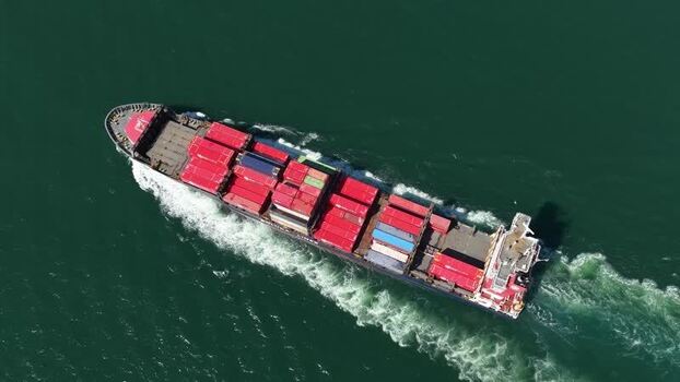 Aerial view of a cargo ship in the ocean Portugal.