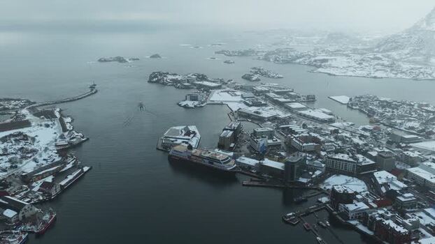 Aerial view of Svolv&aelig;r harbor with ship Norway.
