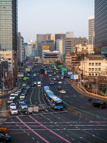 Seoul South Korea 21 February 2026 Aerial view of Sungnyemun Gate surrounded by modern skyscrapers busy traffic on the multi lane road and city buildings in Seoul. Seoul South Korea 21 February 2026 Aerial view of Sungnyemun Gate surrounded by modern skyscrapers busy traffic on the multi lane road and city buildings in Seoul.