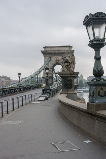 View of the stone lion statue guarding the entrance to the historic Szechenyi Chain Bridge with its ornate lamp posts and suspension structure in Budapest Hungary.