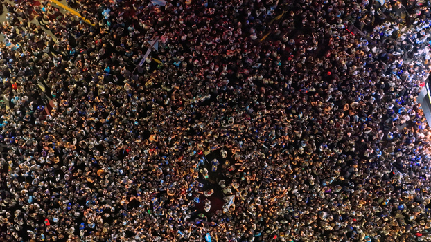 Buenos Aires Argentina 15 July 2026 Aerial view of a massive crowd of people celebrating in the streets at the Cabildo and Juramento intersection in Belgrano at night. Buenos Aires Argentina 15 July 2026 Aerial view of a massive crowd of people celebrating in the streets at the Cabildo and Juramento intersection in Belgrano at night.