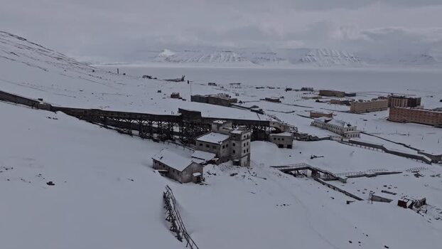 Aerial view of abandoned Pyramiden mining site Svalbard and Jan Mayen.