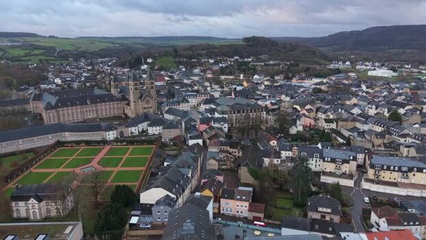 Aerial view of Echternach Abbey and town in Luxembourg.