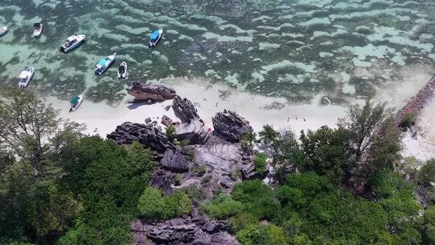 Aerial view of Curieuse Island coastline in Seychelles.