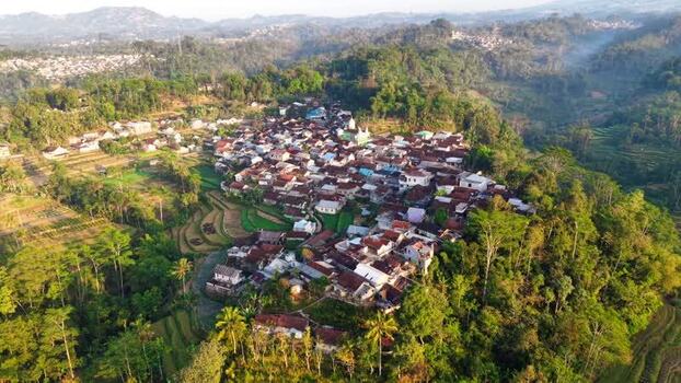 Aerial view of Dieng Plateau village in Indonesia.