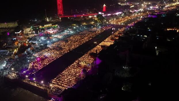 Aerial view of Deepotsav festival with lit lamps in Ayodhya India.