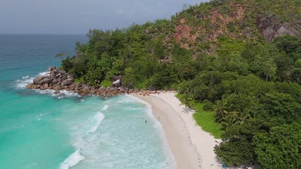 Aerial view of Anse Georgette beach in Grand Anse Seychelles.
